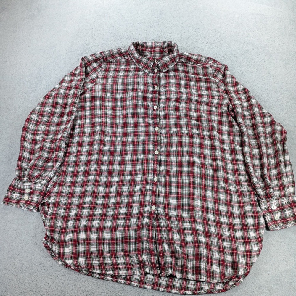 Loft Womens Plaid Button Down Shirt Red White Medium Long Sleeve Rayon